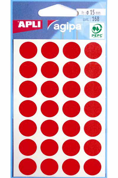 APLI168 GOMMETTES 15MM ROUGE RONDE ETIQUETTE ADHESIVE