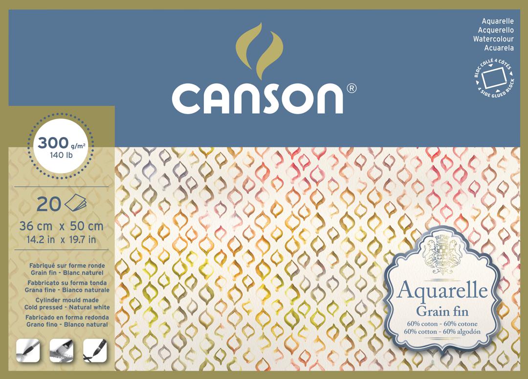 AQUARELLE CANSON 36X50CM 20F 300GR GRAIN FIN BLOC DESSIN CANSON