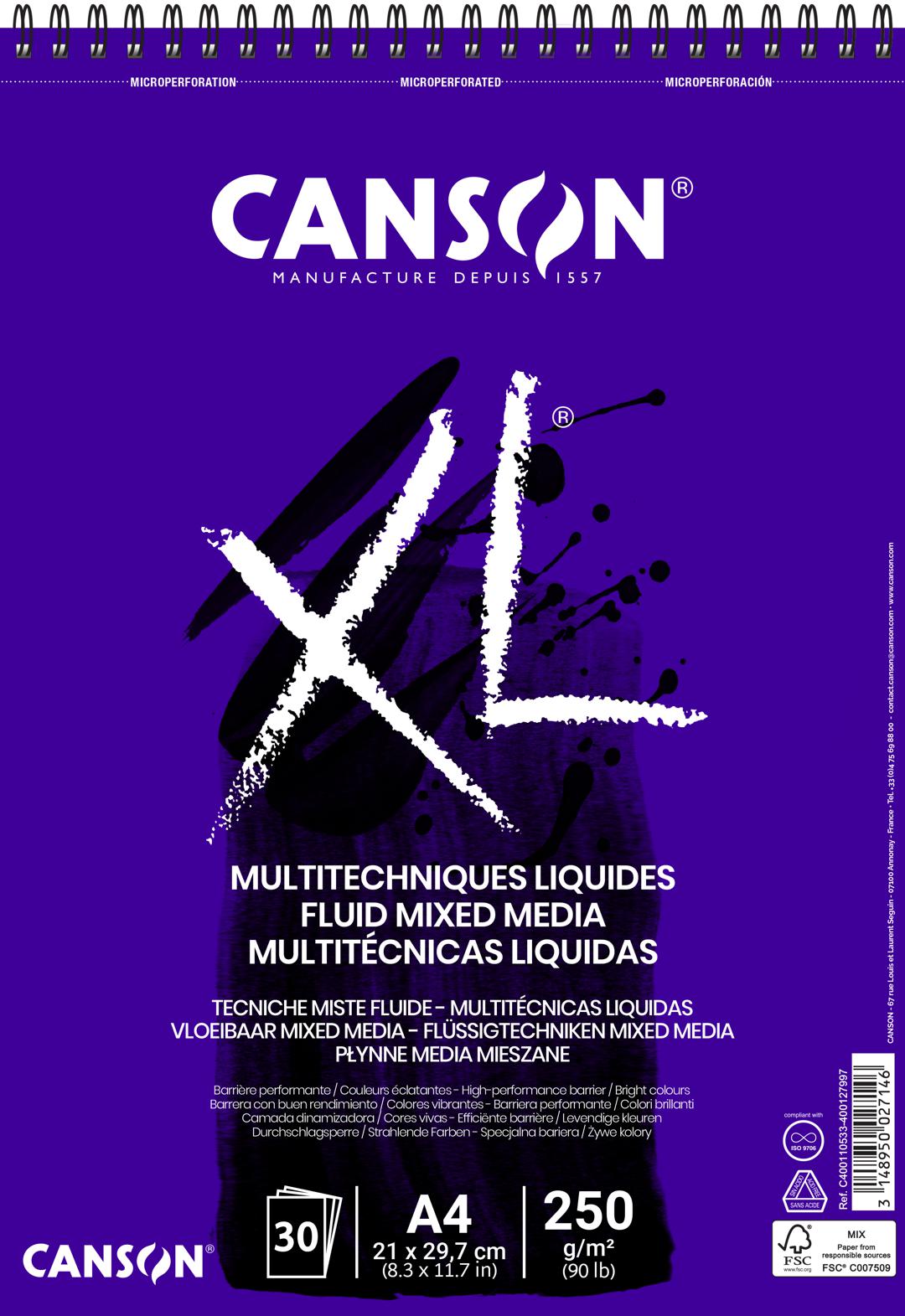 BLOC CANSON XL A4 250GR MIX FLUID MEDIA - 40FLS SPIRALE